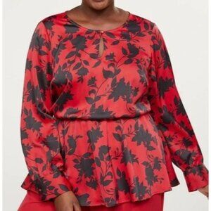Lane Bryant Blouse Womens Size 26 Red Black Floral Peplum Long Sleeve Keyhole